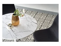 Mesa redonda blanca de 80 cm con tablero imitación mármol y base de metal DANU
