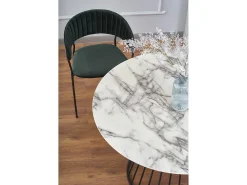 Mesa redonda con tablero de aspecto mármol blanco y pata central de diseño metálico negro DAGAN