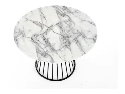 Mesa redonda con tablero de aspecto mármol blanco y pata central de diseño metálico negro DAGAN