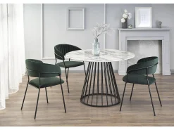 Mesa redonda con tablero de aspecto mármol blanco y pata central de diseño metálico negro DAGAN