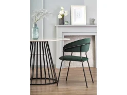 Mesa redonda con tablero de aspecto mármol blanco y pata central de diseño metálico negro DAGAN