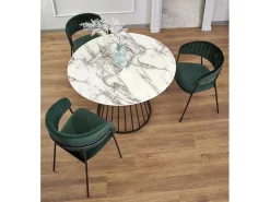 Mesa redonda con tablero de aspecto mármol blanco y pata central de diseño metálico negro DAGAN