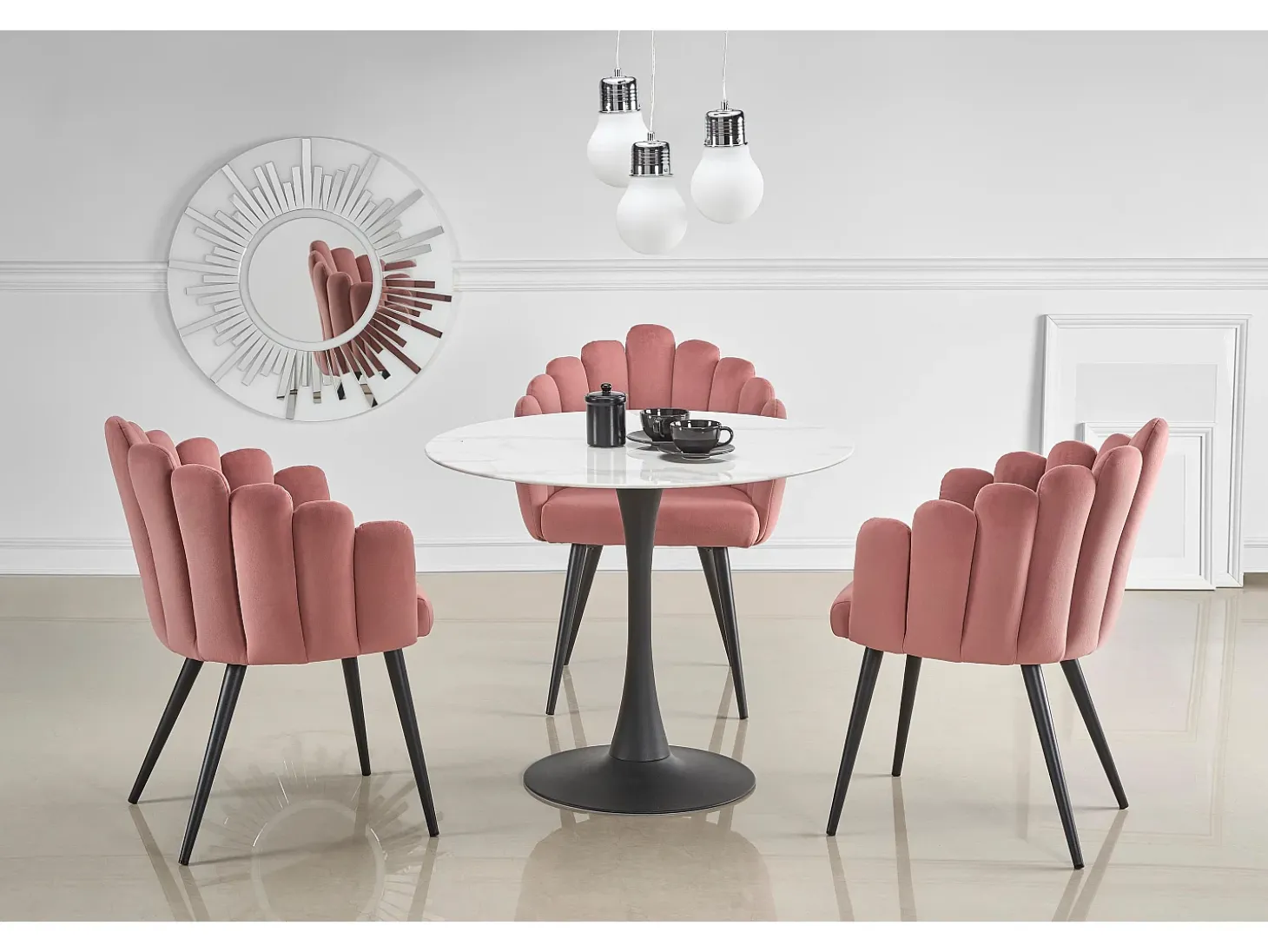 Mesa redonda de 90 cm con tablero de cristal imitación mármol blanco y pata central Amboise negra