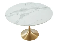 Mesa redonda de comedor design - 4 comensales - Mármol y metal - Blanco y dorado - NORAH