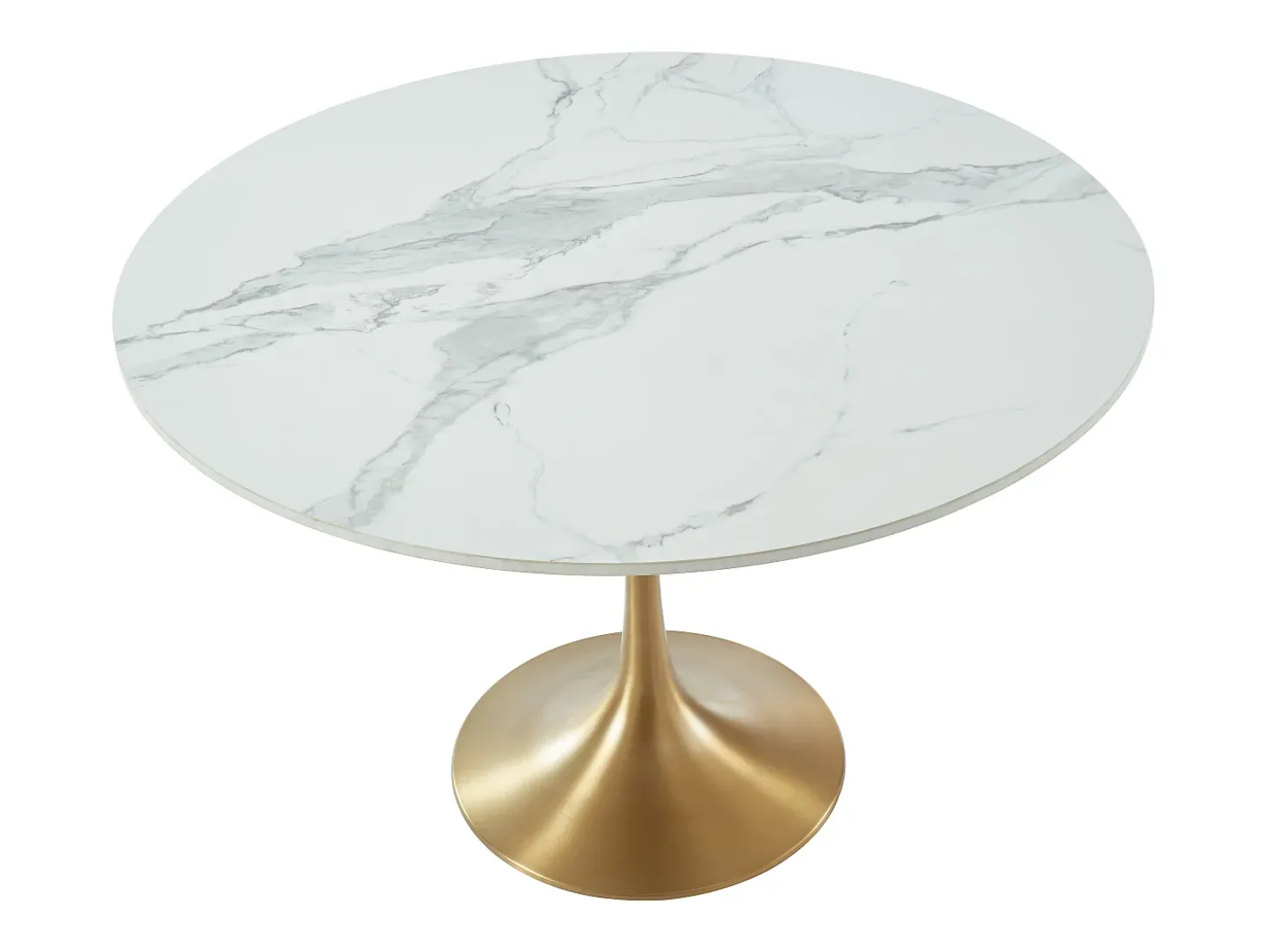Mesa redonda de comedor design - 4 comensales - Mármol y metal - Blanco y dorado - NORAH