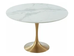 Mesa redonda de comedor design - 4 comensales - Mármol y metal - Blanco y dorado - NORAH
