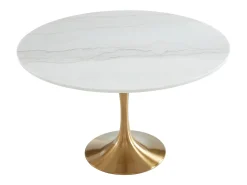 Mesa redonda de comedor design - 4 comensales - Mármol y metal - Blanco y dorado - NORAH
