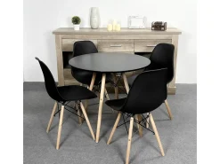Mesa Redonda de Comedor o Cocina en Patas de Madera y Tapa Negra – 80 cm de Diámetro y 75 cm de Alto.