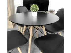 Mesa Redonda de Comedor o Cocina en Patas de Madera y Tapa Negra – 80 cm de Diámetro y 75 cm de Alto.