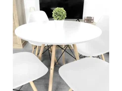 Mesa Redonda de Comedor o Cocina en Patas de Madera y Tapa Blanca – 80 cm de Diámetro y 75 cm de Alto.
