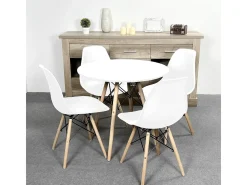 Mesa Redonda de Comedor o Cocina en Patas de Madera y Tapa Blanca – 80 cm de Diámetro y 75 cm de Alto.