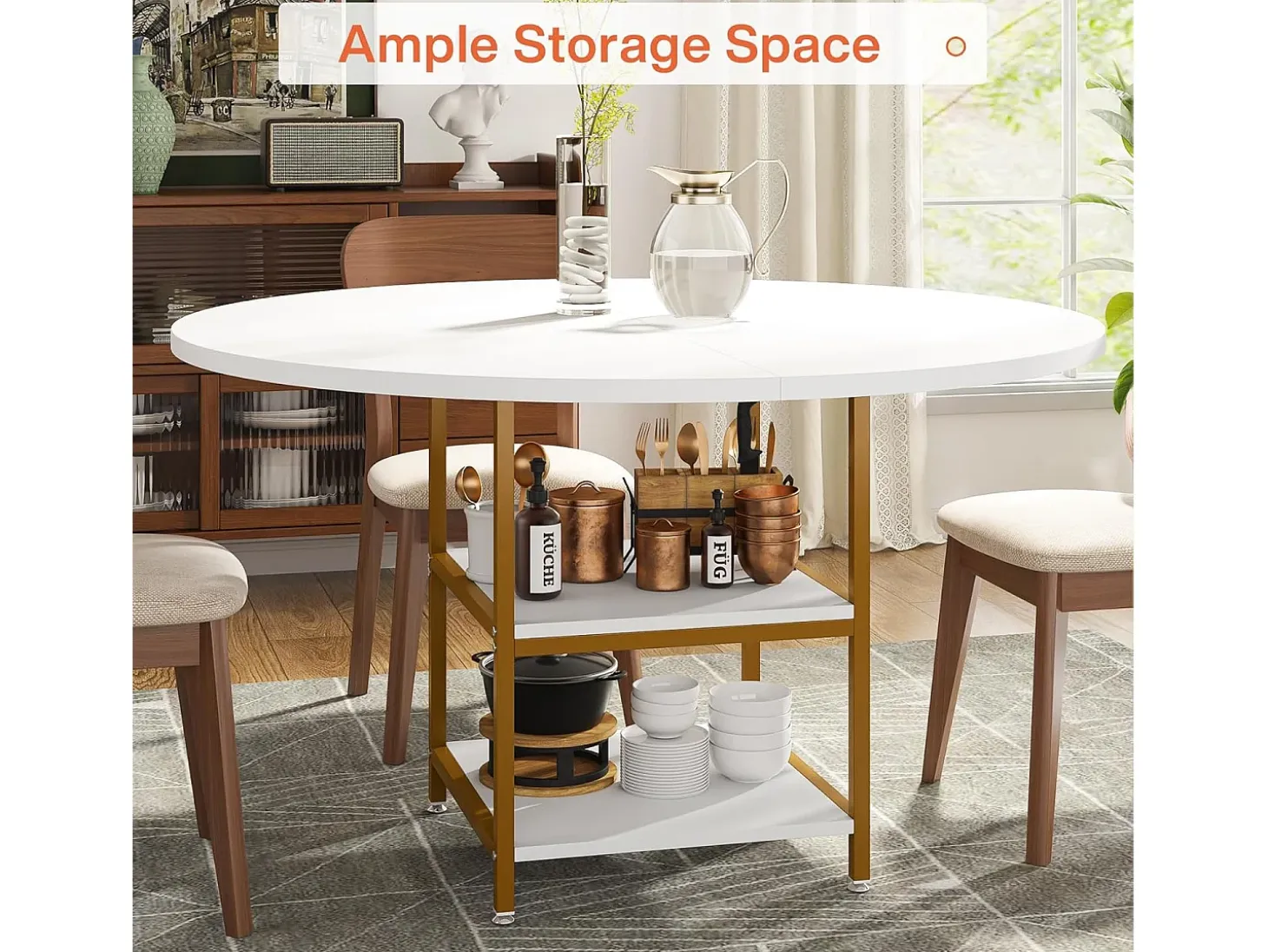 Mesa Redonda de Comedor para 4 Personas, 120 x 75 cm (diámetro x Altura), Dorado y Blanco