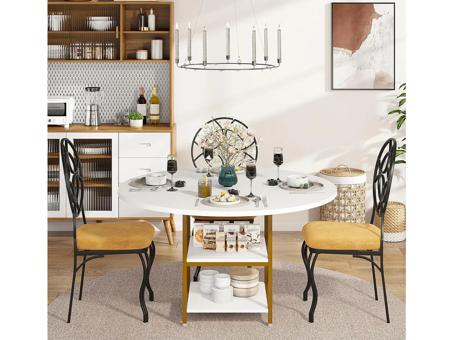 Mesa Redonda de Comedor para 4 Personas, 120 x 75 cm (diámetro x Altura), Dorado y Blanco