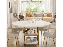 Mesa Redonda de Comedor para 4 Personas, 120 x 75 cm (diámetro x Altura), Dorado y Blanco