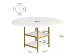 Mesa Redonda de Comedor para 4 Personas, 120 x 75 cm (diámetro x Altura), Dorado y Blanco