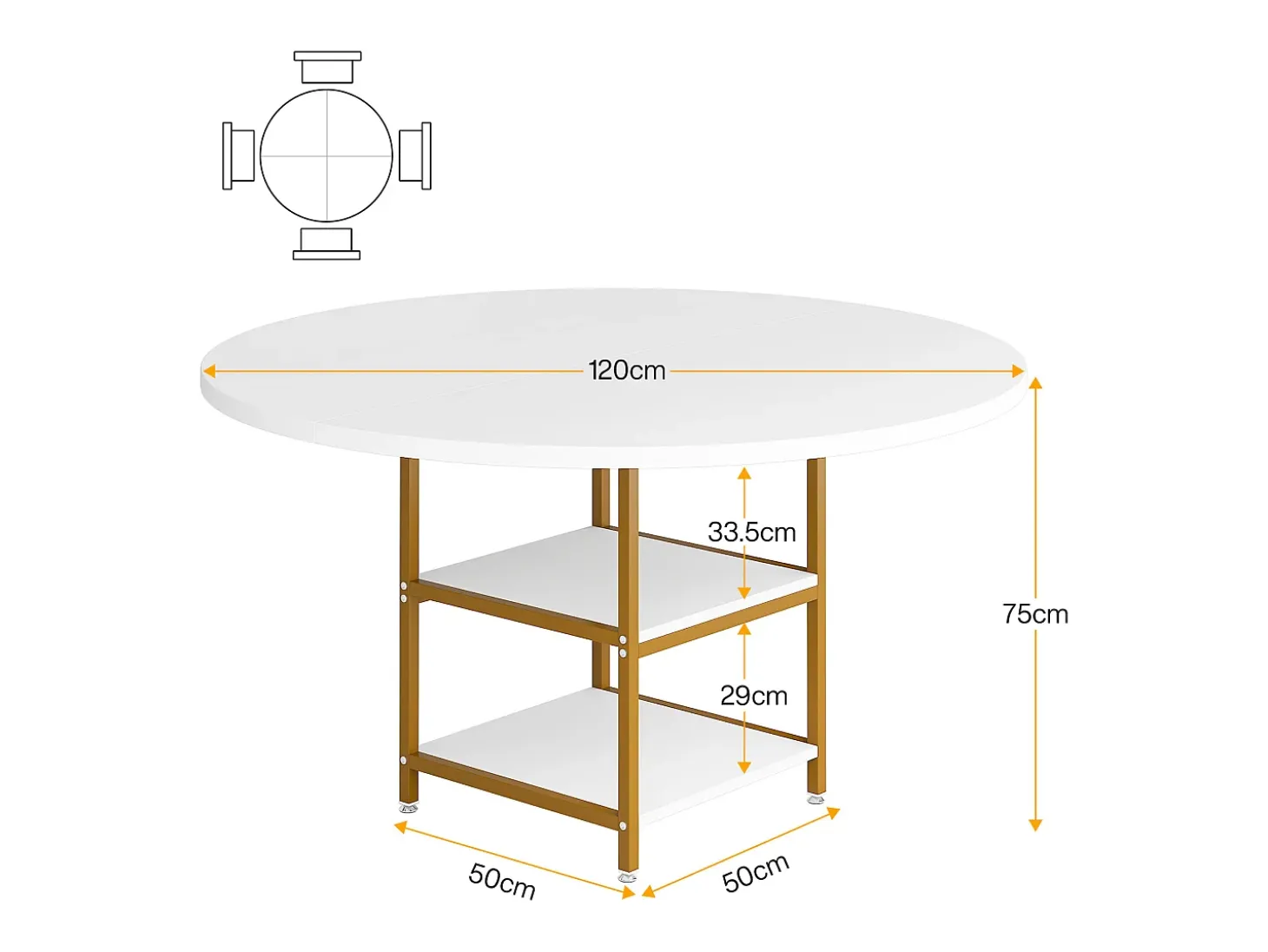 Mesa Redonda de Comedor para 4 Personas, 120 x 75 cm (diámetro x Altura), Dorado y Blanco