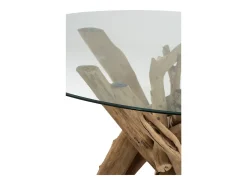 Mesa redonda de cristal Azura 128 cm con patas de madera maciza clara