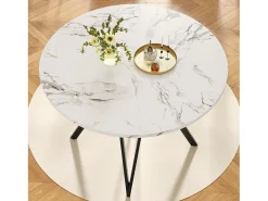 Mesa redonda de diseño moderno, tablero de MDF marmolado, patas de metal negro, para comedor y salón (100x100x76cm)
