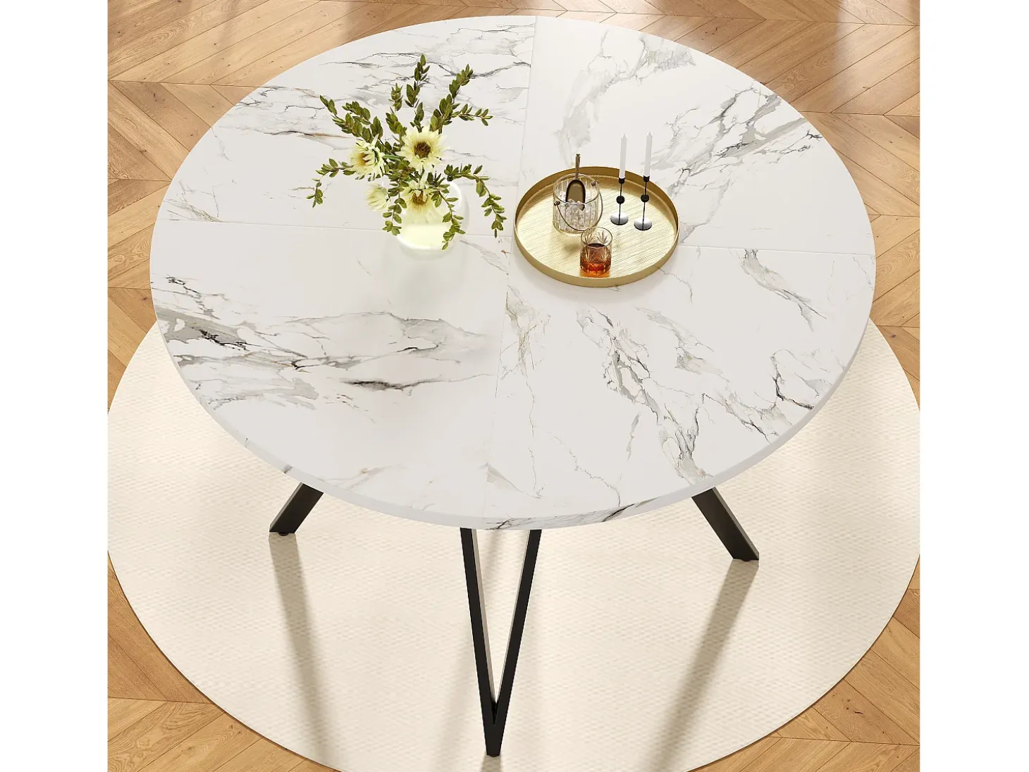 Mesa redonda de diseño moderno, tablero de MDF marmolado, patas de metal negro, para comedor y salón (100x100x76cm)