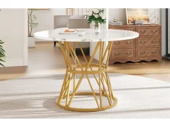 Mesa redonda de lujo, tablero de MDF marmolado, patas de metal dorado, para comedor y salón (100x100x76cm)