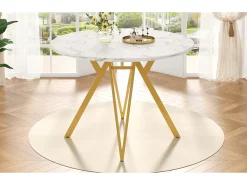 Mesa redonda de lujo, tablero de MDF marmolado, patas de metal dorado, para comedor y salón (100x100x76cm)