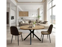 Mesa redonda de madera, acabado roble, patas de metal negro, Ø100xH75-140x100x75 - POLA
