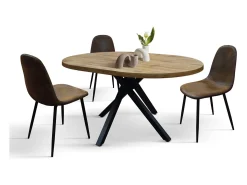 Mesa redonda de madera, acabado roble, patas de metal negro, Ø100xH75-140x100x75 - POLA