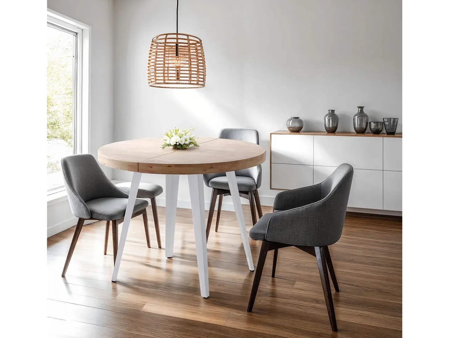 Mesa redonda extensible Berg 120 Blanco - Roble