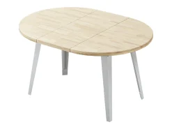 Mesa redonda extensible de 74x100-140-180x100 cm con sobre de roble y patas blancas Bergi