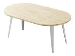 Mesa redonda extensible de 74x100-140-180x100 cm con sobre de roble y patas blancas Bergi