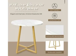 Mesa redonda moderna con patas de metal dorado, tablero de MDF blanco y diseño de mármol (80 cm) (80 x 80 x 75 cm)