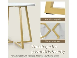 Mesa redonda moderna con patas de metal dorado, tablero de MDF blanco y diseño de mármol (80 cm) (80 x 80 x 75 cm)