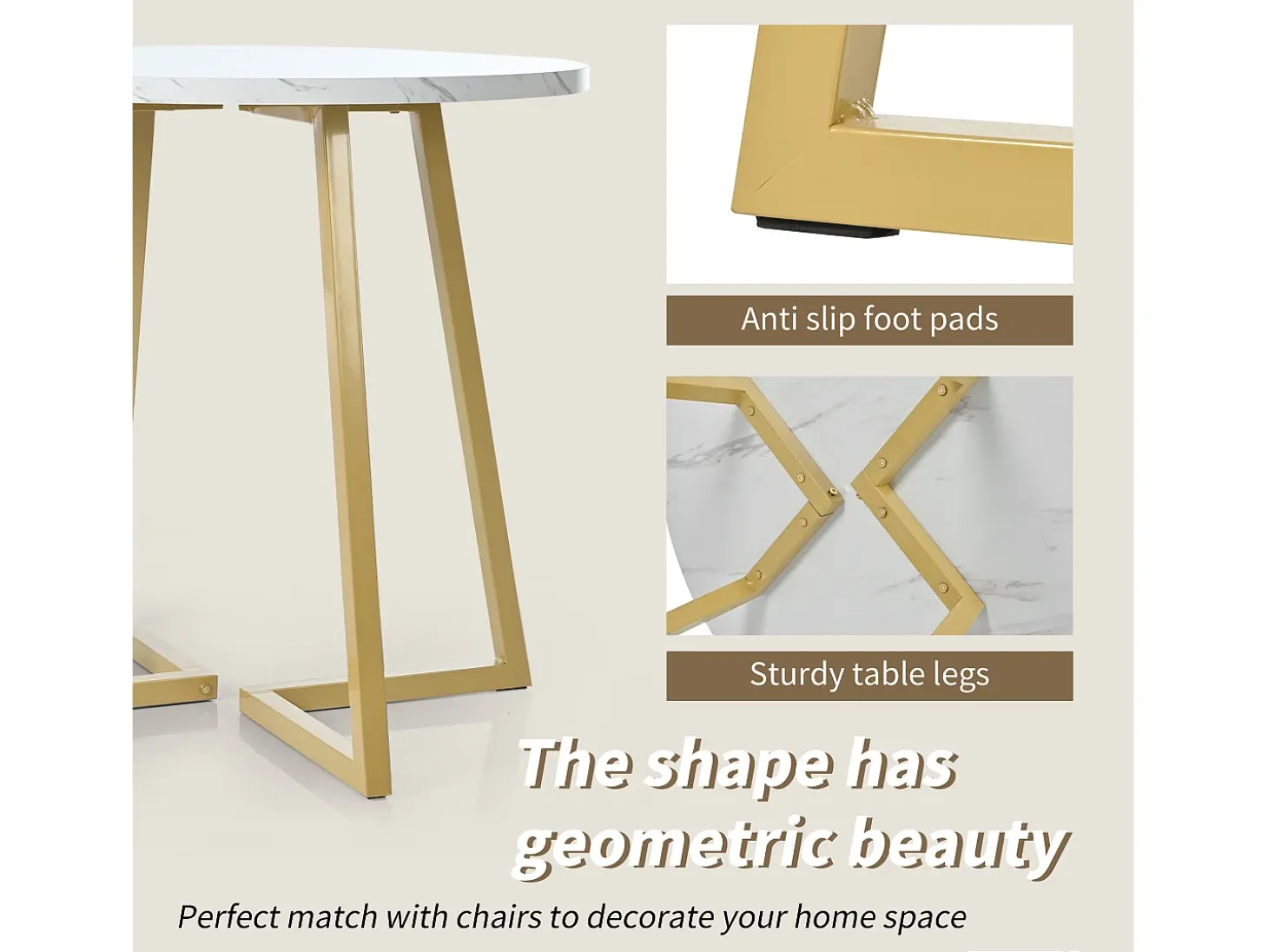 Mesa redonda moderna con patas de metal dorado, tablero de MDF blanco y diseño de mármol (80 cm) (80 x 80 x 75 cm)