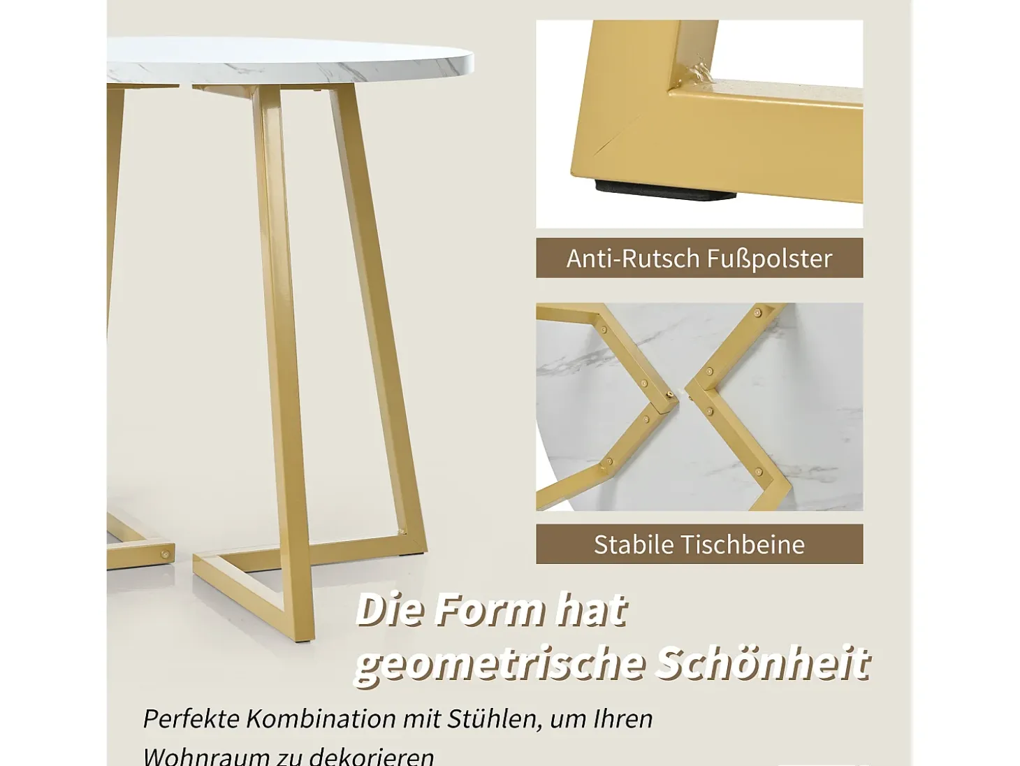 Mesa redonda moderna con patas de metal dorado, tablero de MDF blanco y diseño de mármol (80 cm) (80 x 80 x 75 cm)