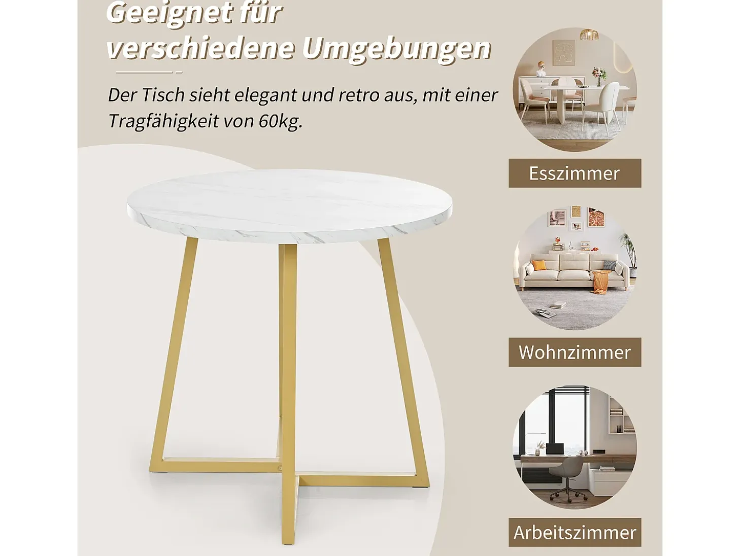 Mesa redonda moderna con patas de metal dorado, tablero de MDF blanco y diseño de mármol (80 cm) (80 x 80 x 75 cm)