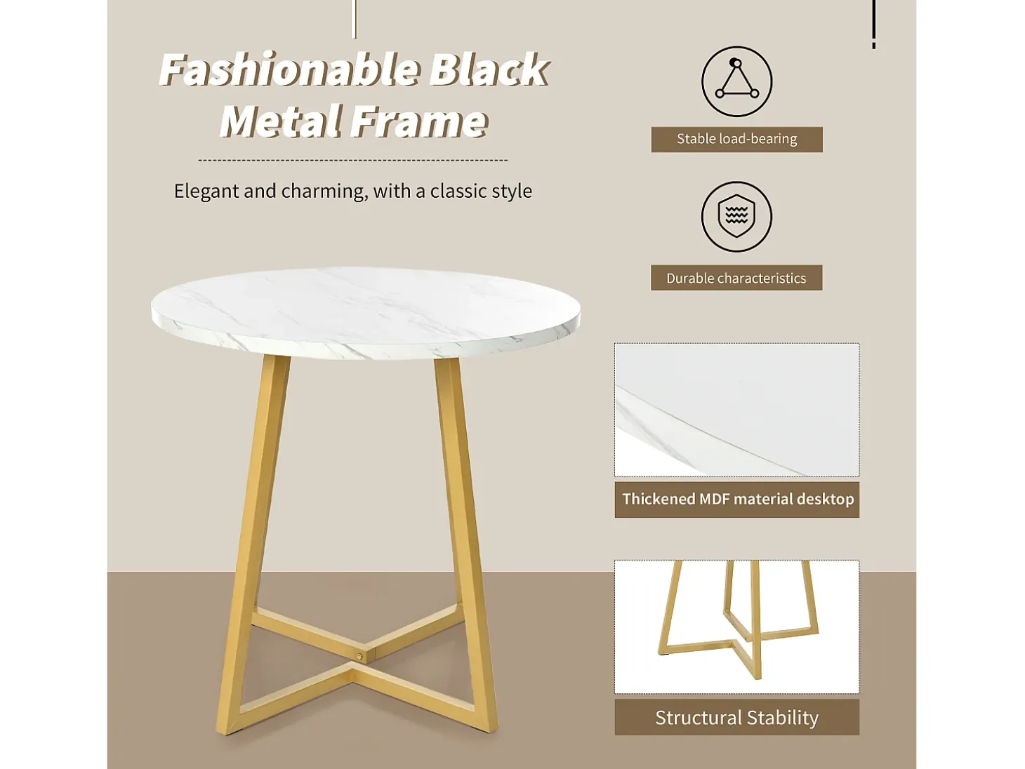 Mesa redonda moderna con patas de metal dorado, tablero de MDF blanco y diseño de mármol (80 cm) (80 x 80 x 75 cm)