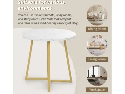 Mesa redonda moderna con patas de metal dorado, tablero de MDF blanco y diseño de mármol (80 cm) (80 x 80 x 75 cm)