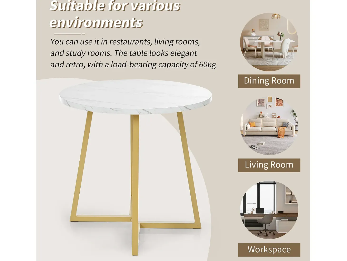 Mesa redonda moderna con patas de metal dorado, tablero de MDF blanco y diseño de mármol (80 cm) (80 x 80 x 75 cm)