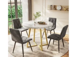 Mesa redonda moderna con patas de metal dorado, tablero de MDF blanco y diseño de mármol (80 cm) (80 x 80 x 75 cm)