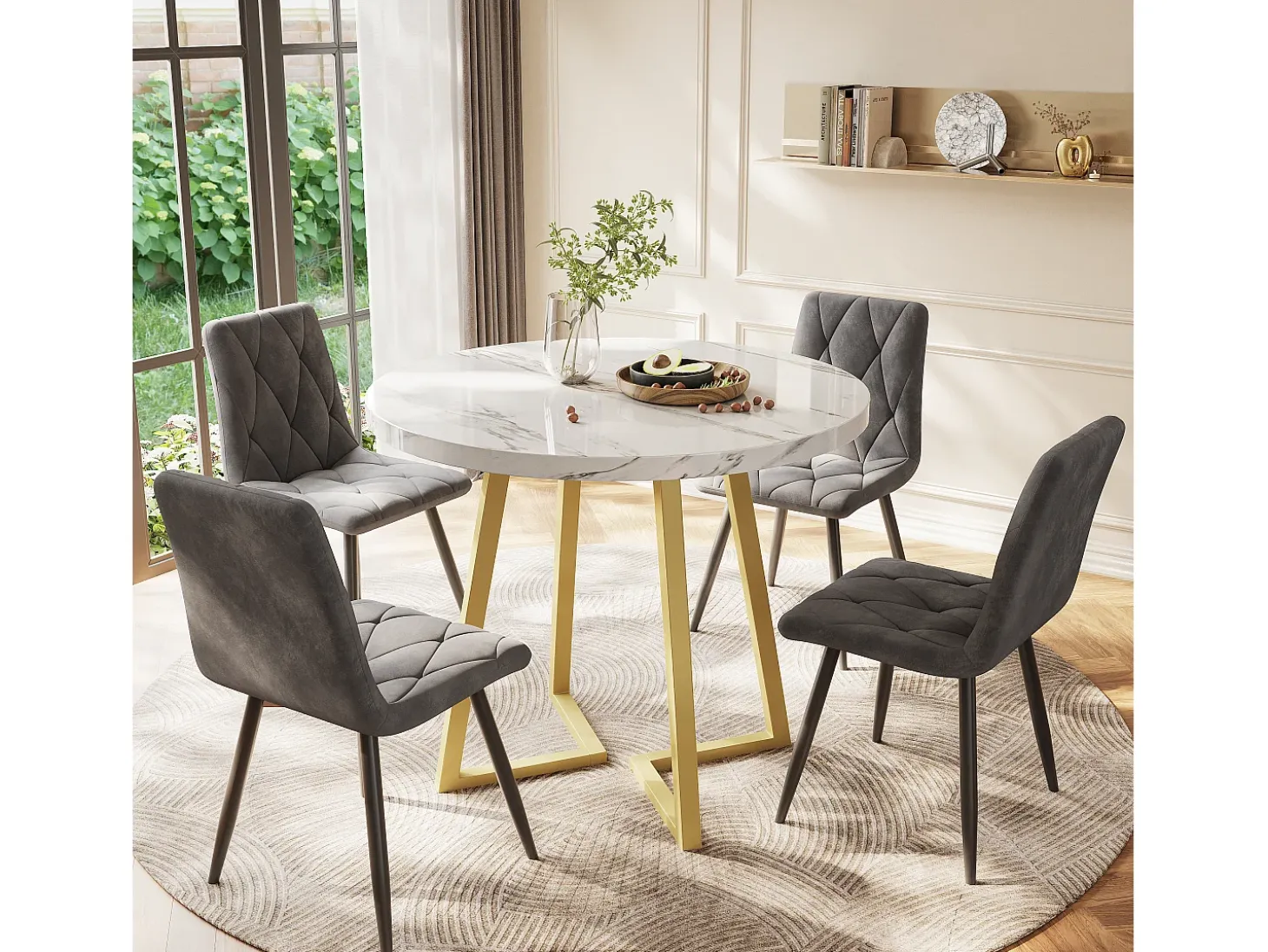 Mesa redonda moderna con patas de metal dorado, tablero de MDF blanco y diseño de mármol (80 cm) (80 x 80 x 75 cm)