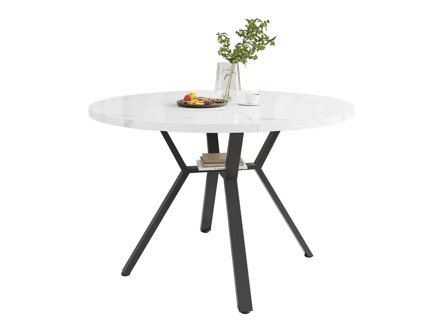 Mesa redonda moderna de mármol (1 m) + patas de metal negro en forma de X, diseño elegante, estable y duradero (100 x 100 x 75 cm)