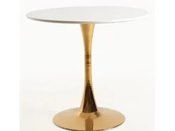 Mesa redonda moderna de madera blanca y pie de metal dorado Tulipa 80 cm