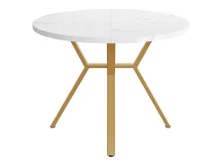 Mesa redonda moderna (1m diámetro) - base metálica en forma de X - tablero con diseño de mármol - blanco y dorado