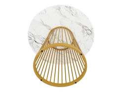 Mesa redonda para 4 personas, 80×80×76 cm, tablero de MDF marmolado, patas de metal dorado, ideal para cocina o salón.