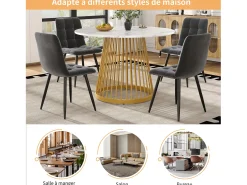Mesa redonda para 4 personas, 80×80×76 cm, tablero de MDF marmolado, patas de metal dorado, ideal para cocina o salón.