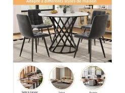 Mesa redonda para cocina o salón, 4 plazas, 80×80 cm, tablero de MDF jaspeado, patas modernas negras