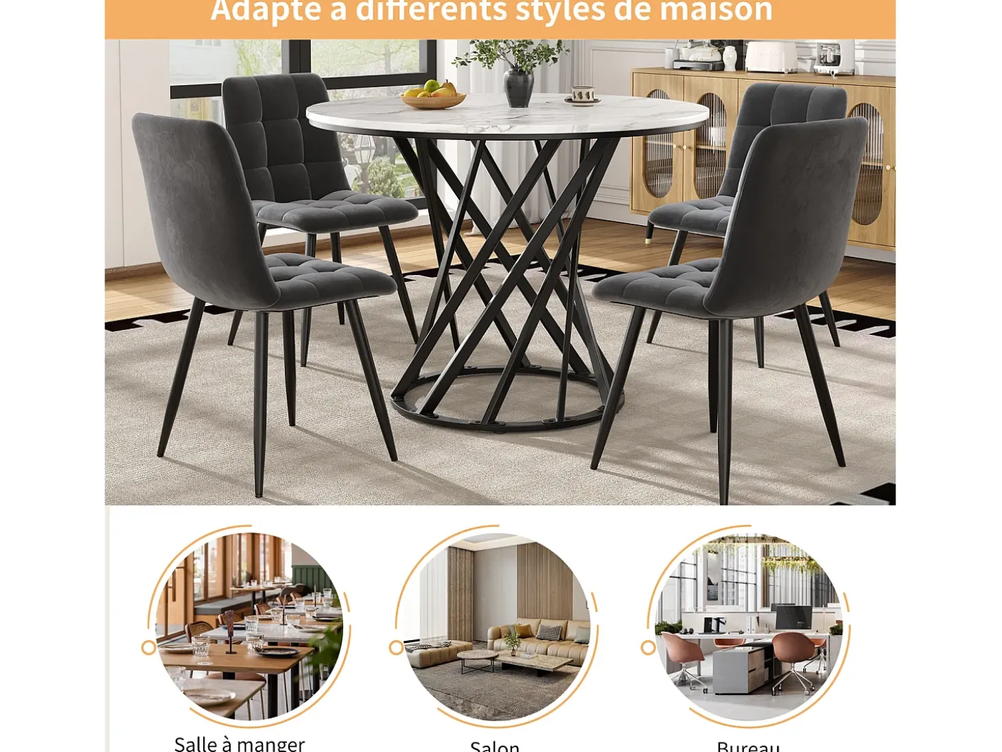 Mesa redonda para cocina o salón, 4 plazas, 80×80 cm, tablero de MDF jaspeado, patas modernas negras