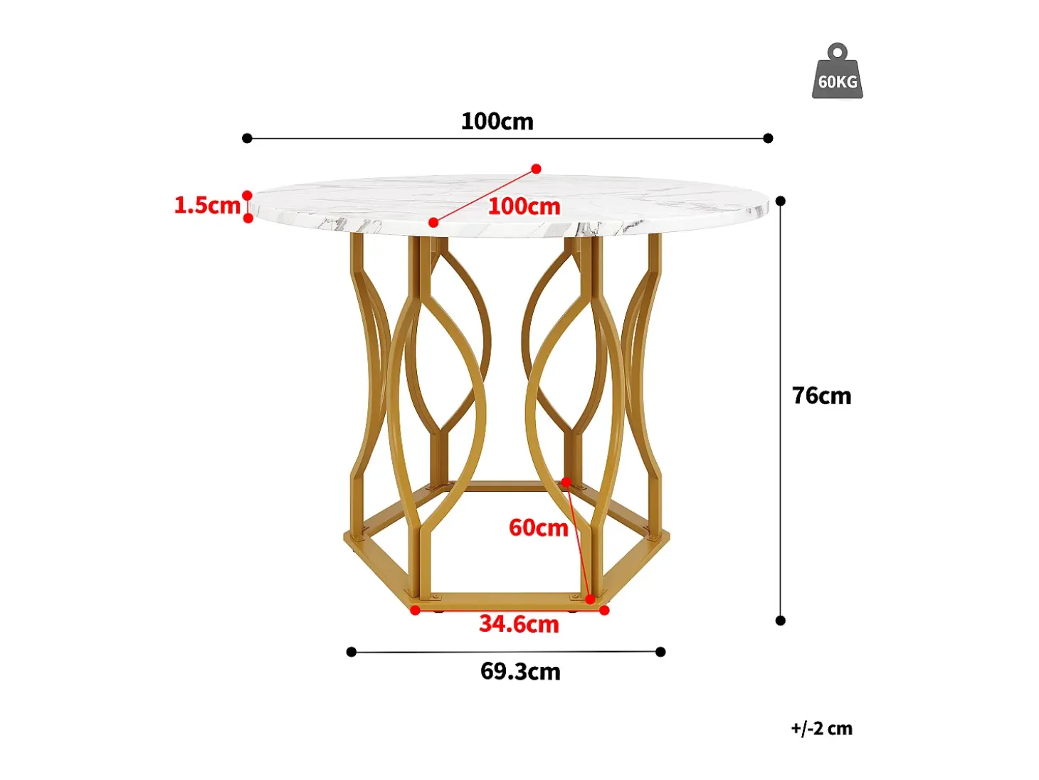 Mesa redonda para comedor - estructura metálica - acabado con patrón de mármol - para 4 personas - MDF - Blanco & Dorado