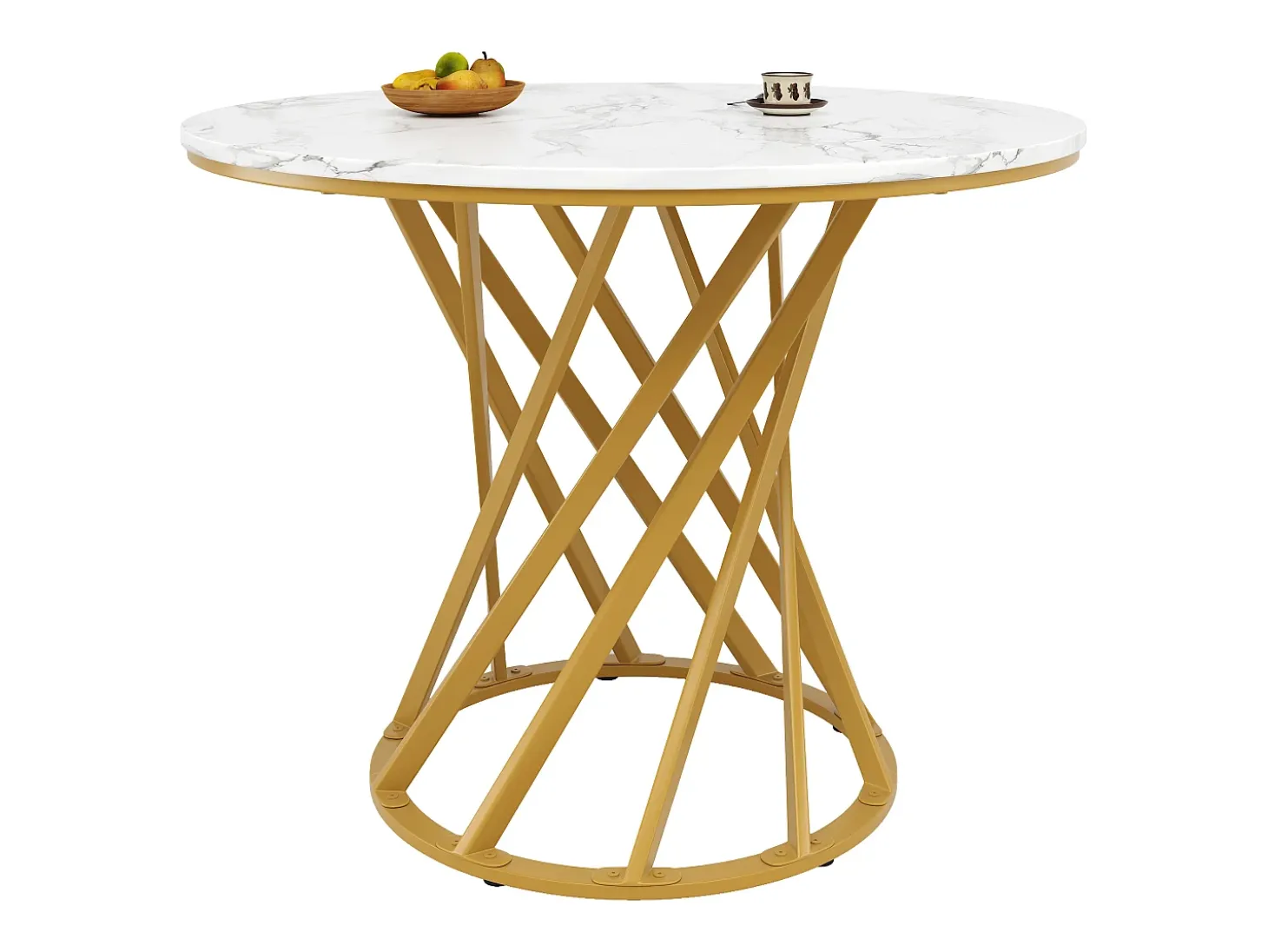 Mesa redonda para comedor - patas metálicas - acabado con patrón de mármol - para 2 a 4 personas - MDF - Blanco & Dorado