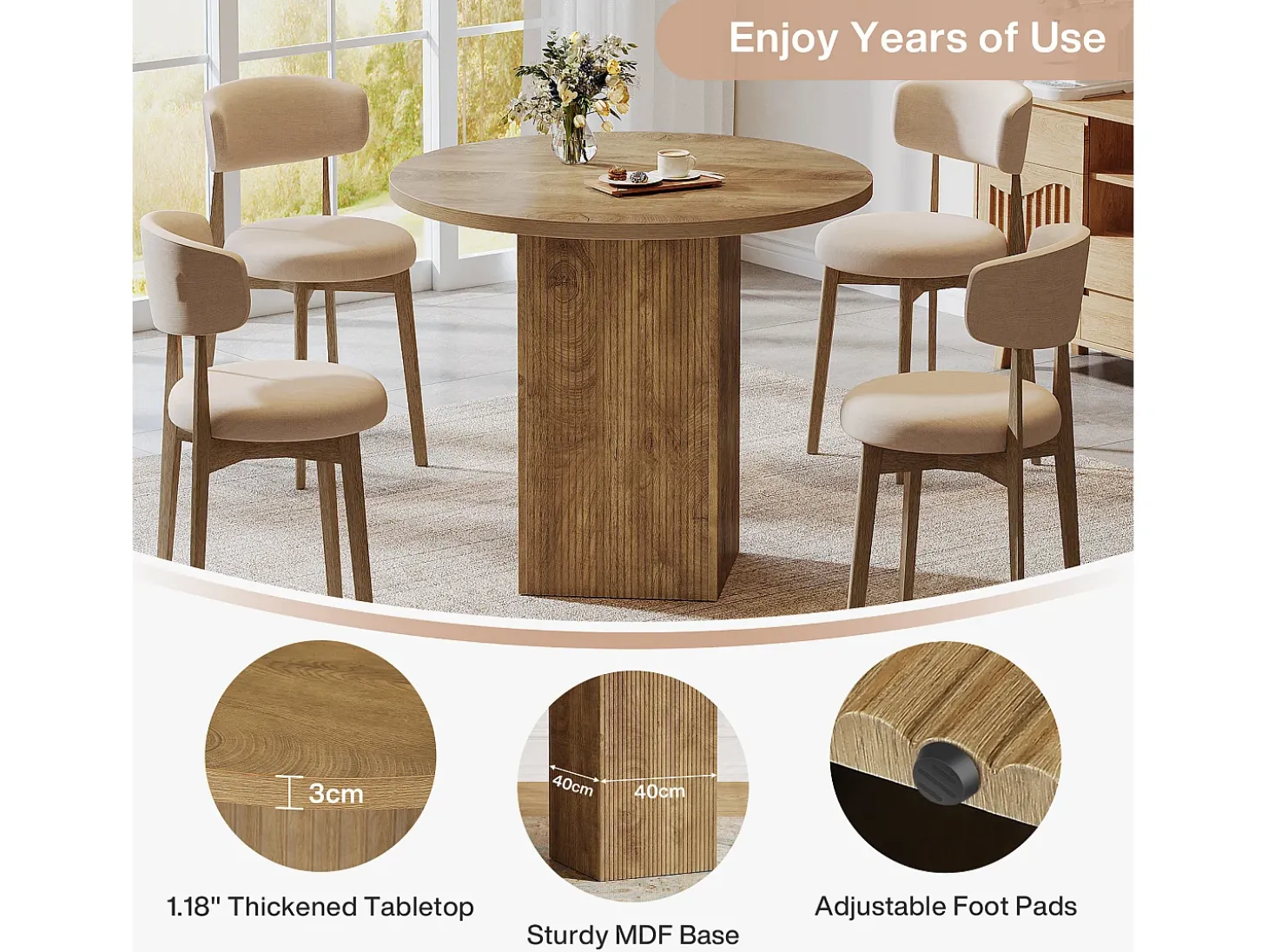 Mesa redonda pequeña de comedor para 2 personas, mesa de cocina redonda de 80 cm con pedestal de madera acanalado, color marrón